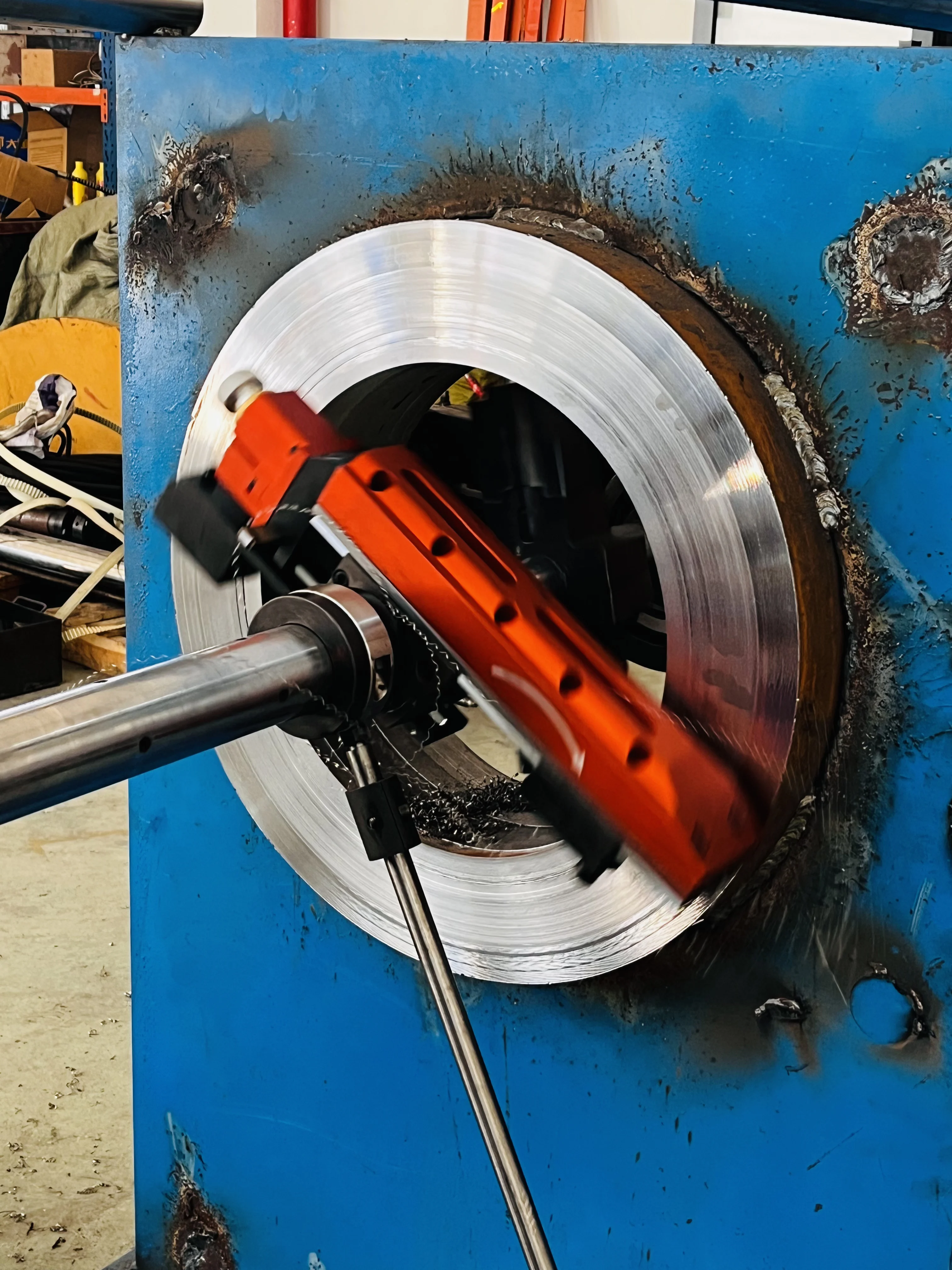 BOS boring machine actively cutting a large bore on-site